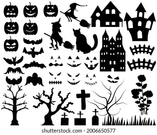 Halloween silhouettes icon set. Halloween decorations. Vector illustration.