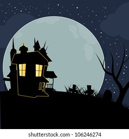 halloween silhouettes mansion with full moon background