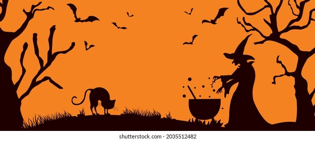 Halloween silhouettes. Old witch cooks a potion in a cauldron.