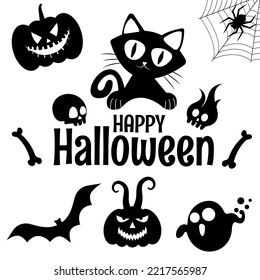 Halloween silhouettes on a white background, happy holiday, skulls, cats, ghosts