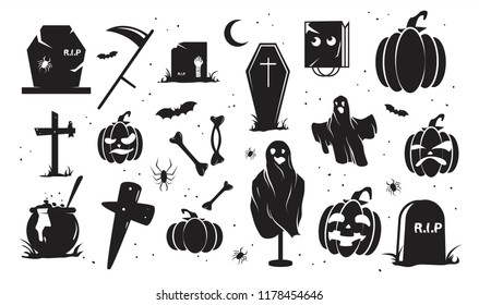 Halloween Silhouettes one colour set. Vector illustration design.