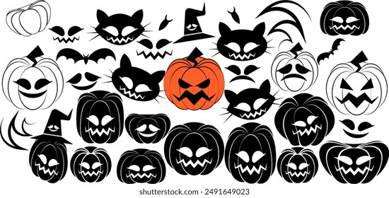 Halloween silhouettes pattern icon and character. Pumpkin, hat, teeth, bat, cat vector illustration.