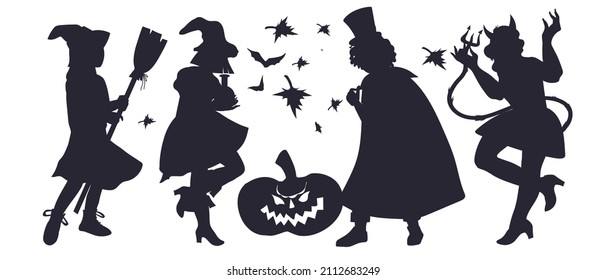 Halloween silhouettes of people dressed in Halloween fancy dress to go Trick or Treating or holiday party. Template for banners and posters, vector illustration isolated on white background.