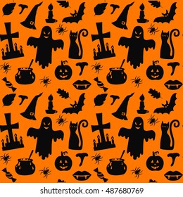 Halloween silhouettes seamless pattern hand drawn 