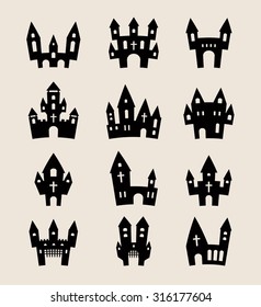Halloween silhouettes set of Castle on a colorful background and fortresses in the flat style for Halloween and holidays. 