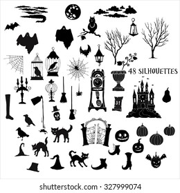 Halloween silhouettes. Set of  hand drawn elements. Can be used for backgrounds and cards of Halloween decorations. Pumpkin, cat, ghost, hours, castle, moon, autumn. Vector Illustration