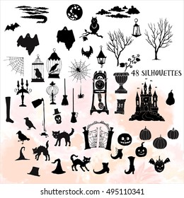 Halloween silhouettes. Set of  hand drawn elements. Can be used for backgrounds and cards of Halloween decorations. Pumpkin, cat, ghost, hours, castle, moon, autumn. Vector Illustration