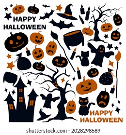 Halloween silhouettes set, pumpkin, ghost, castle, star, candle, tree, broom, potion, witch hat, cauldron, sack, bat, happy halloween, background, vector illustration