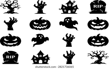Halloween Silhouettes Set with Pumpkins, Ghosts, Haunted Houses, Grave Markers, Zombie Hands, and Twisted Trees