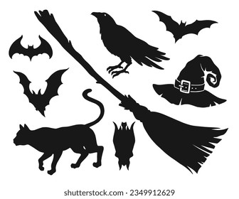 Halloween silhouettes set stickers monochrome with broom and witch hat near creepy bats or crow with cat vector illustration