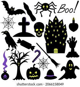 Halloween. Silhouettes. Set of vector illustrations. Collection of festive mystical elements. Pumpkin, ghost, bat, spider, raven. Isolated white background. Idea for web design.