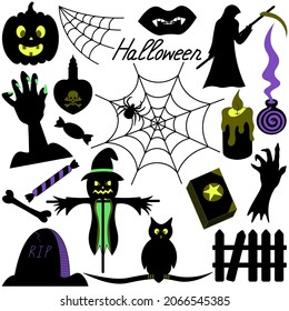 Halloween. Silhouettes. Set of vector illustrations. Collection of festive mystical elements. Death with a scythe, candle, snake, fangs, owl, pumpkin. Isolated white background. Idea for web design.