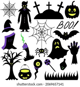 Halloween. Silhouettes. Set of vector illustrations. Collection of festive mystical elements. Pumpkin, ghost, bat, vampire, spider. Isolated white background. Idea for web design.
