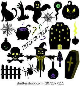 Halloween. Silhouettes. Set of vector illustrations. Collection of festive mystical elements. Cat, pumpkin, coffin, ghost, eyeball, love potion. Isolated white background. Idea for web design.