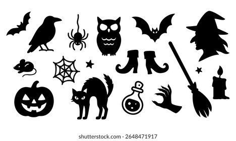 Halloween silhouettes set with witch, pumpkin, cat, bat, spider, owl, broom, potion, black vector on white. For stickers, planners, invitations, crafts, posters, digital and print designs.