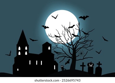 Halloween silhouettes of a spooky castle and a tree with bats, gravestones, spiderwebs, spiders and full moon. 