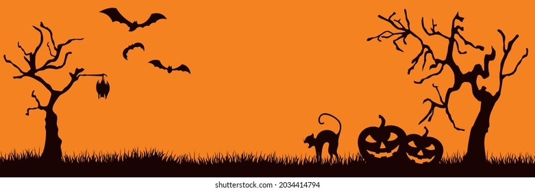 Halloween silhouettes. Spooky cat and two pumpkins near crooked trees and bats.