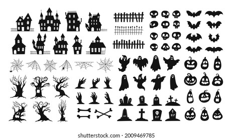 Halloween silhouettes. Spooky decorations zombie hands, scary tree, ghosts, haunted house, pumpkin faces and graveyard tombstones vector set. Illustration halloween bat, scary and spooky