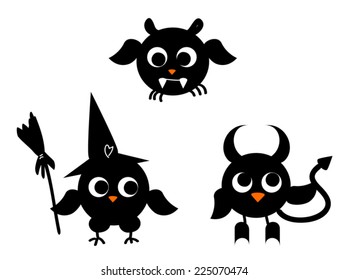 Halloween silhouettes. Three owls as witch,devil, spider. Funny cartoon creature characters.Vector flat illustration. Isolated on white. For happy Halloween decoration, design element, as icons. 