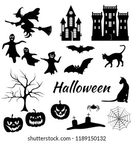 Halloween silhouettes vector collection: bats, castles, cats, fear faces, ghosts, graves headstones, pumpkins scary silhouettes, spider, tree, web, witch flying. Isolated Halloween holiday elements.