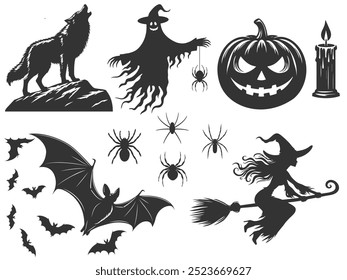 Halloween silhouettes. Vector collection of spooky elements: bats, sinister pumpkins, howling wolf, witch on broomstick, spiders, witche and ghost. Halloween set for posters, and social media.