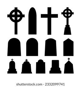 Halloween silhouettes. Vector Halloween decoration with haunted house, pumpkins, ghosts, graves and skulls.