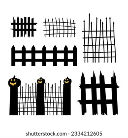 Halloween silhouettes. Vector Halloween decoration with haunted house, pumpkins, ghosts, graves and skulls.