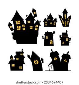 Halloween silhouettes. Vector Halloween decoration with haunted house, pumpkins, ghosts, graves and skulls.