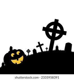 Halloween silhouettes. Vector Halloween decoration with haunted house, pumpkins, ghosts, graves and skulls.