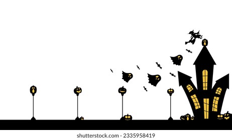 Halloween silhouettes. Vector Halloween decoration with haunted house, pumpkins, ghosts, graves and skulls.