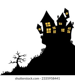 Halloween silhouettes. Vector Halloween decoration with haunted house, pumpkins, ghosts, graves and skulls.