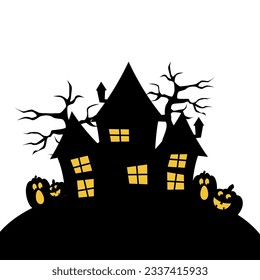 Halloween silhouettes. Vector Halloween decoration with haunted house, pumpkins, ghosts, graves and skulls.