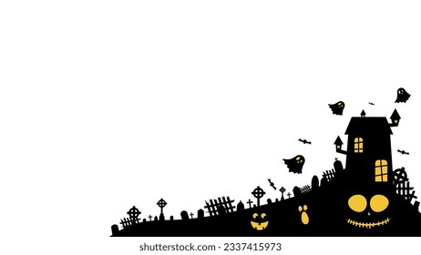 Halloween silhouettes. Vector Halloween decoration with haunted house, pumpkins, ghosts, graves and skulls.