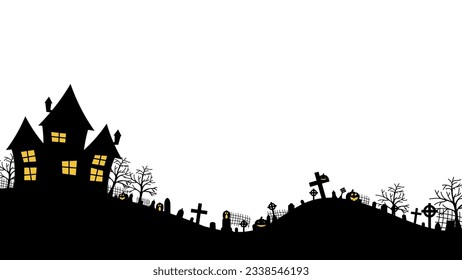 Halloween silhouettes. Vector Halloween decoration with haunted house, pumpkins, ghosts, graves and skulls.