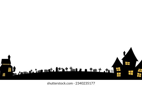 Halloween silhouettes. Vector Halloween decoration with haunted house, pumpkins, ghosts, graves and skulls.