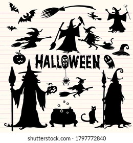 Halloween Silhouettes. Witch, pumpkin, bat,Spider. Halloween party.  sticker. Trick or treat. Vector icons.