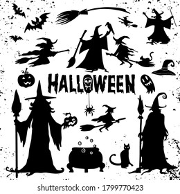 Halloween Silhouettes. Witch, pumpkin, bat,Spider. Halloween party.  sticker. Trick or treat. Vector icons.