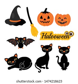 Halloween Silhouettes. Witch, pumpkin, black cat,spider, bat and broom.