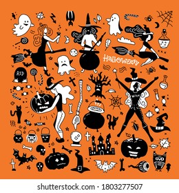 Halloween Silhouettes. Witch, pumpkin, black cat and Spider for Halloween party decor. Vector black and white icons