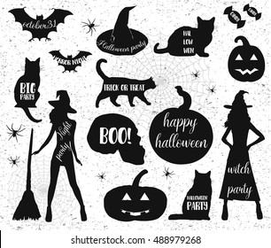 Halloween silhouettes. Witch, pumpkin, black cat. Halloween party. Spider sticker. Trick or treat. Vector icons.