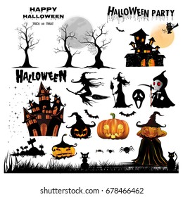 Halloween Silhouettes. Witch, pumpkin, black cat.Halloween party. Spider sticker. Trick or treat. Vector icons