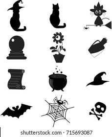 Halloween Silhouettes. Witch, pumpkin, black cat, cauldron, spiderweb, potion, scroll, bat. Halloween party. Spider sticker. Trick or treat. Vector icons.
