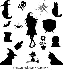 Halloween Silhouettes. Witch, pumpkin, black cat, cauldron, spiderweb, potion, scroll, bat. Halloween party. Spider sticker. Trick or treat. Vector icons. 
