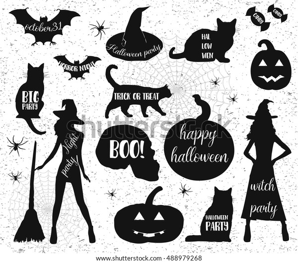 Silhouettes D Halloween Sorciere Citrouille Chat Noir Fete Image Vectorielle De Stock Libre De Droits