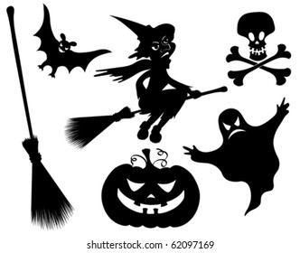 Halloween silhouettes. Witch, pumpkin, witches broom, skeleton, bat, skull and ghost.