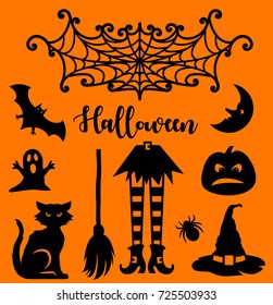 Halloween silhouettes for your design. Laser cutting template. Set of halloween cut out elements: spider web, pumpkin, black cat, moon, witch, hat, bat, broomstick. Vector illustration