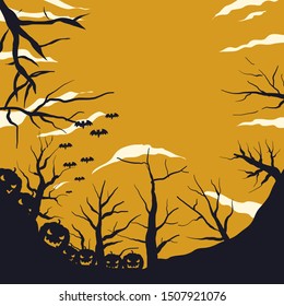 Halloween sillhouette Night Background  Pumpkins. Halloween element vector set  hand drawn vector illustration of halloween in black. a black sillhouette of halloween pumpkin head. black  yellow