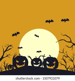 Halloween sillhouette Night Background  Pumpkins. Halloween element vector set  hand drawn vector illustration of halloween in black. a black sillhouette of halloween pumpkin head. black  yellow