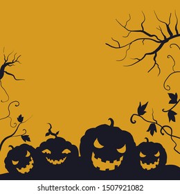Halloween sillhouette Night Background  Pumpkins. Halloween element vector set  hand drawn vector illustration of halloween in black. a black sillhouette of halloween pumpkin head. black  yellow