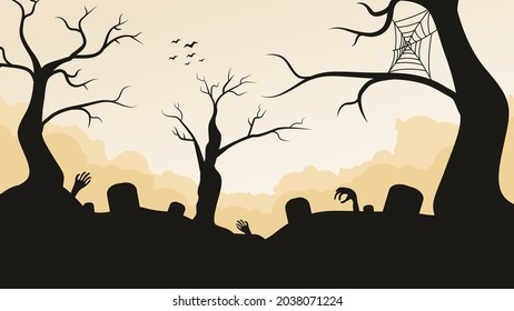 halloween silloute background illustration with tree and graveyard